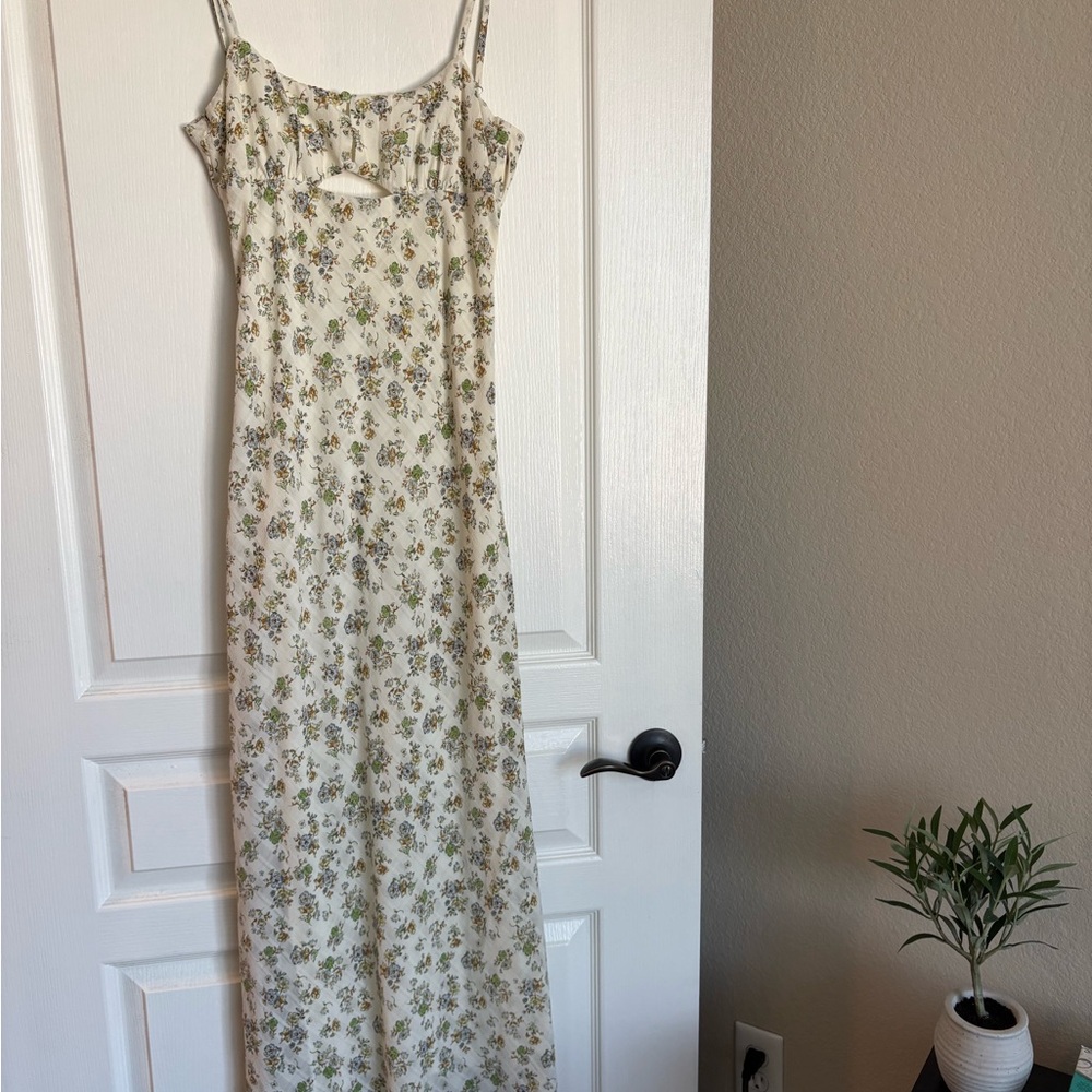 Floral Ivory Maxi Dress with Green Print
